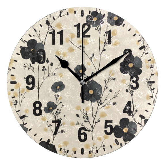 Yayeee 10" Wall Clock Battery Operated Quartz Round Silent Non-Ticking Home Decor, Small Black Flowers