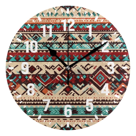 Yayeee 10" Wall Clock Battery Operated Quartz Round Silent Non-Ticking Home Decor, Tribal Art