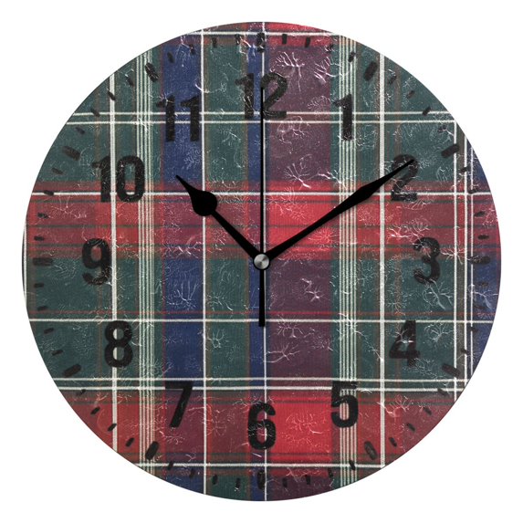 Yayeee 10" Wall Clock Battery Operated Quartz Round Silent Non-Ticking Home Decor, Warm Tartan Mosaic