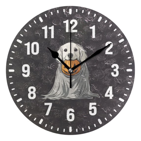 Yayeee 10" Wall Clock Battery Operated Quartz Round Silent Non-Ticking Home Decor, White Halloween Dog