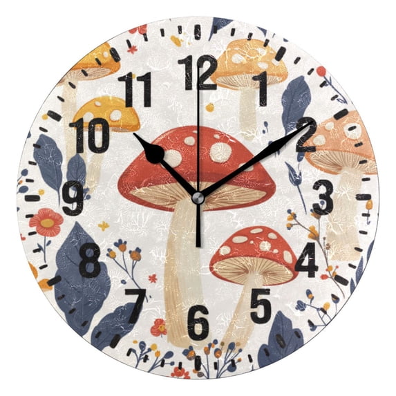 Yayeee 10" Wall Clock Battery Operated Quartz Round Silent Non-Ticking Home Decor, White Mushroom