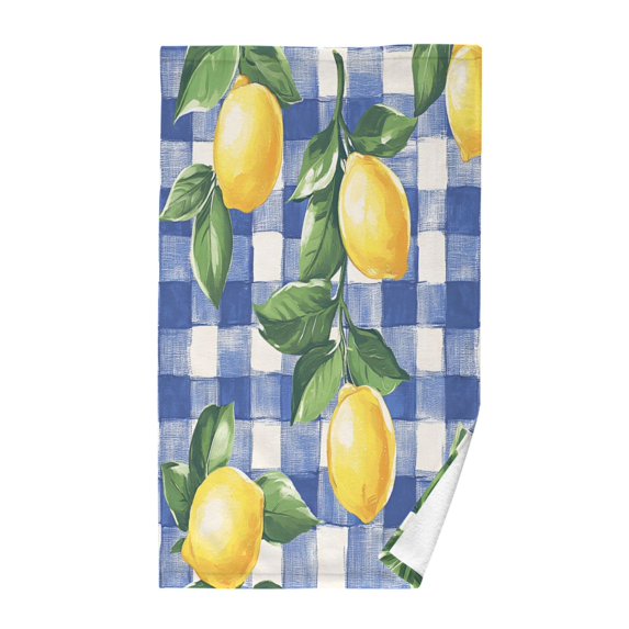 Yayeee 100% Cotton Hand Towels for Bathroom 16" x 28" Kitchen Towel, Blue Plaid Lemon