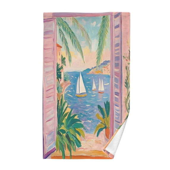 Yayeee 100% Cotton Hand Towels for Bathroom 16" x 28" Kitchen Towel, Pink Seaside Boat