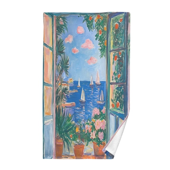 Yayeee 100% Cotton Hand Towels for Bathroom 16" x 28" Kitchen Towel, Sea Window