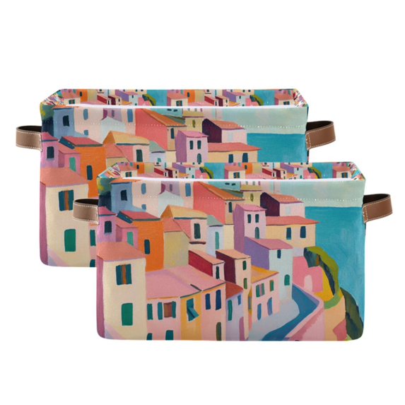 Yayeee 2 Pack Canvas Storage Basket with Handles for Shelves Fabric Bins Closet Organizer, Abstract Painting