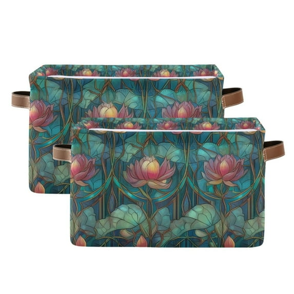 Yayeee 2 Pack Canvas Storage Basket with Handles for Shelves Fabric Bins Closet Organizer, Art Water Lilies Pattern