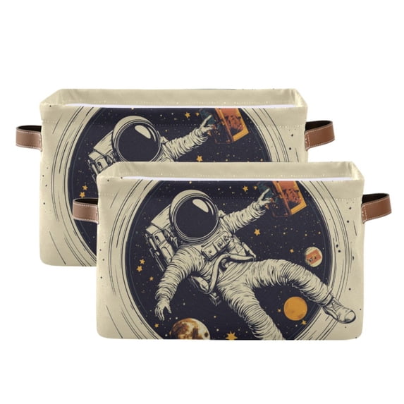 Yayeee 2 Pack Canvas Storage Basket with Handles for Shelves Fabric Bins Closet Organizer, Astronaut Floating
