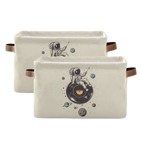 Yayeee 2 Pack Canvas Storage Basket with Handles for Shelves Fabric Bins Closet Organizer, Beige Astronaut Planet