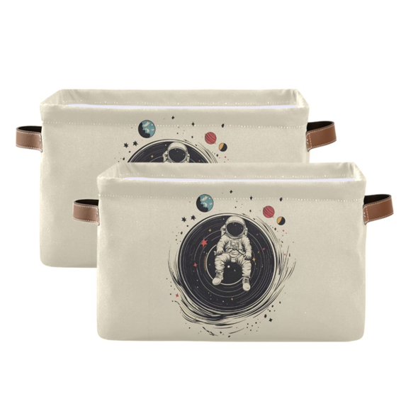 Yayeee 2 Pack Canvas Storage Basket with Handles for Shelves Fabric Bins Closet Organizer, Beige Astronaut Space