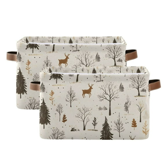Yayeee 2 Pack Canvas Storage Basket with Handles for Shelves Fabric Bins Closet Organizer, Beige Christmas Forest