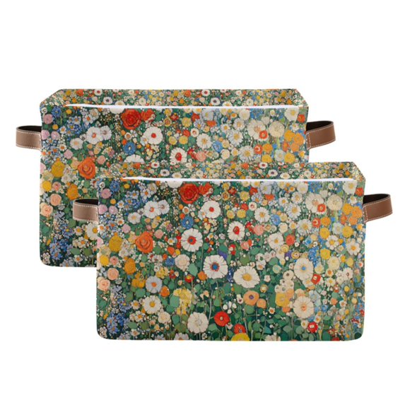 Yayeee 2 Pack Canvas Storage Basket with Handles for Shelves Fabric Bins Closet Organizer, Beige Floral Garden