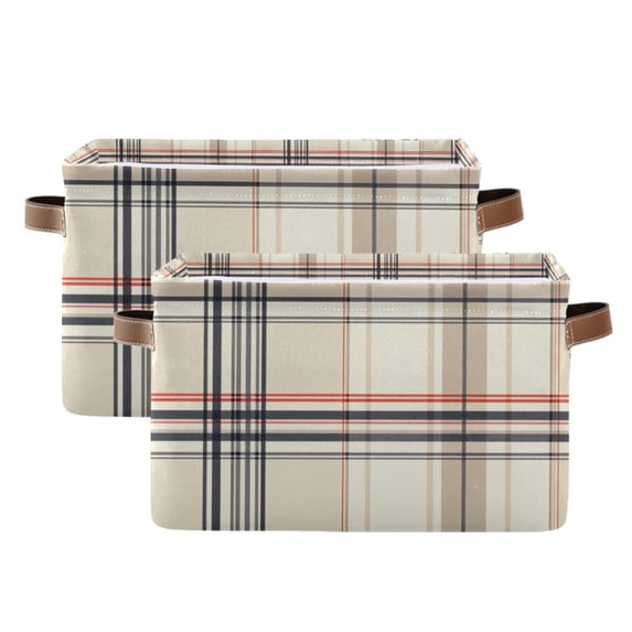 Yayeee 2 Pack Canvas Storage Basket with Handles for Shelves Fabric Bins Closet Organizer, Beige Plaid Pattern