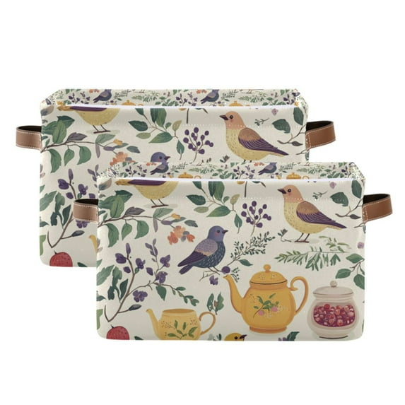 Yayeee 2 Pack Canvas Storage Basket with Handles for Shelves Fabric Bins Closet Organizer, Birds and Teapots