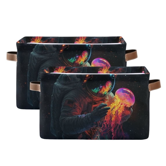 Yayeee 2 Pack Canvas Storage Basket with Handles for Shelves Fabric Bins Closet Organizer, Black Astronaut
