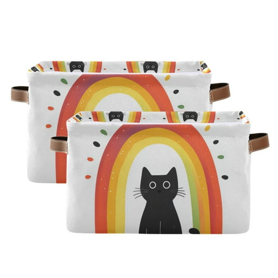Yayeee 2 Pack Canvas Storage Basket with Handles for Shelves Fabric Bins Closet Organizer, Black Cat Rainbow