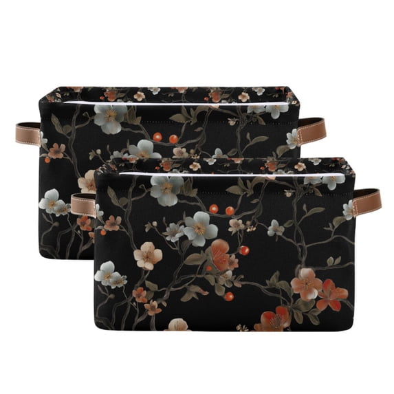 Yayeee 2 Pack Canvas Storage Basket with Handles for Shelves Fabric Bins Closet Organizer, Black Flowers
