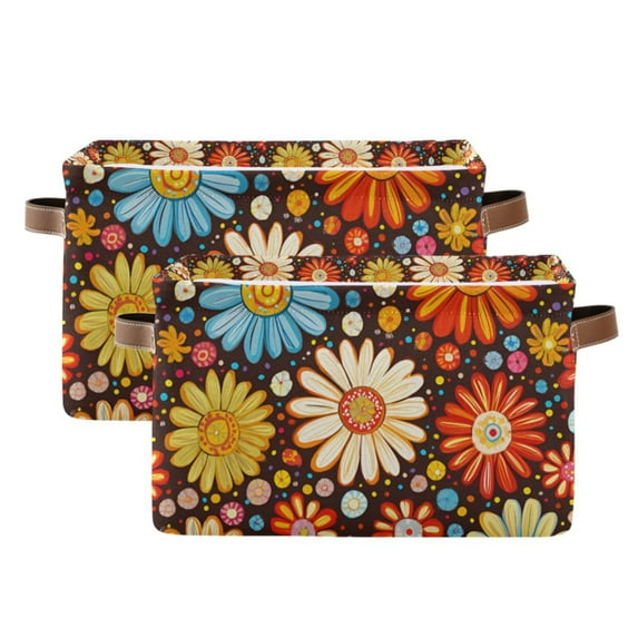 Yayeee 2 Pack Canvas Storage Basket with Handles for Shelves Fabric Bins Closet Organizer, Blooming Flowers