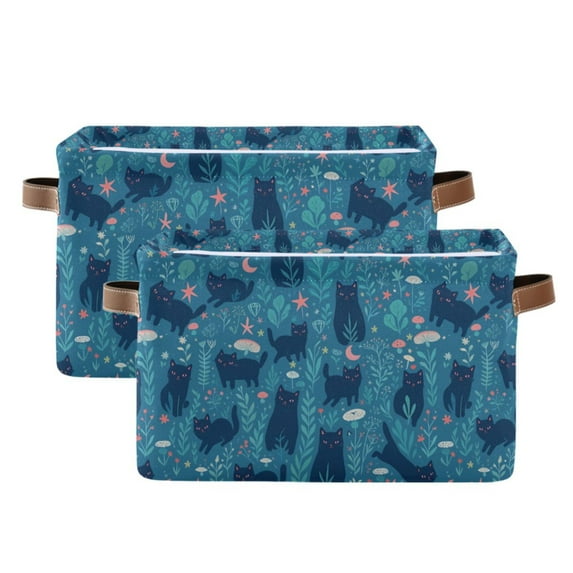 Yayeee 2 Pack Canvas Storage Basket with Handles for Shelves Fabric Bins Closet Organizer, Blue Forest Cat Pattern