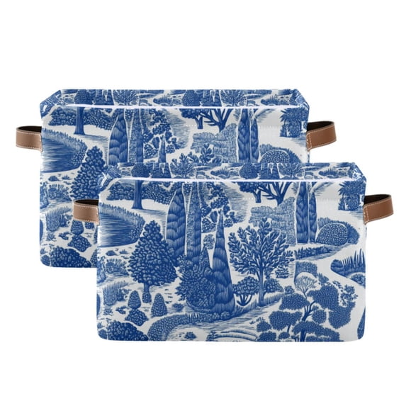 Yayeee 2 Pack Canvas Storage Basket with Handles for Shelves Fabric Bins Closet Organizer, Blue Garden Pattern