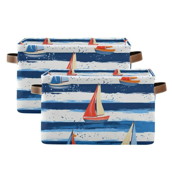 Yayeee 2 Pack Canvas Storage Basket with Handles for Shelves Fabric Bins Closet Organizer, Blue Sailboats