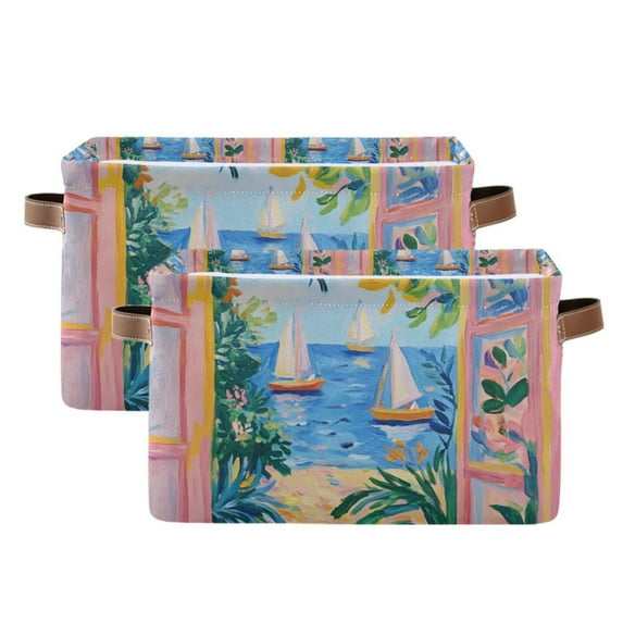 Yayeee 2 Pack Canvas Storage Basket with Handles for Shelves Fabric Bins Closet Organizer, Blue Seaside