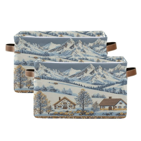 Yayeee 2 Pack Canvas Storage Basket with Handles for Shelves Fabric Bins Closet Organizer, Blue Snowy Mountain