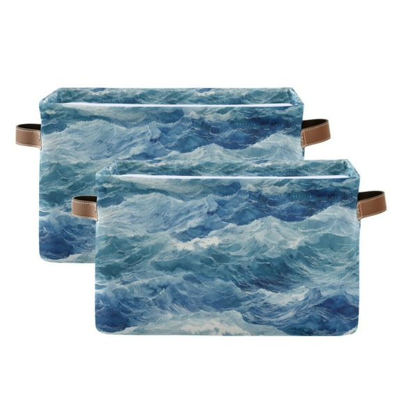 Yayeee 2 Pack Canvas Storage Basket with Handles for Shelves Fabric Bins Closet Organizer, Blue Watercolor Ocean Waves