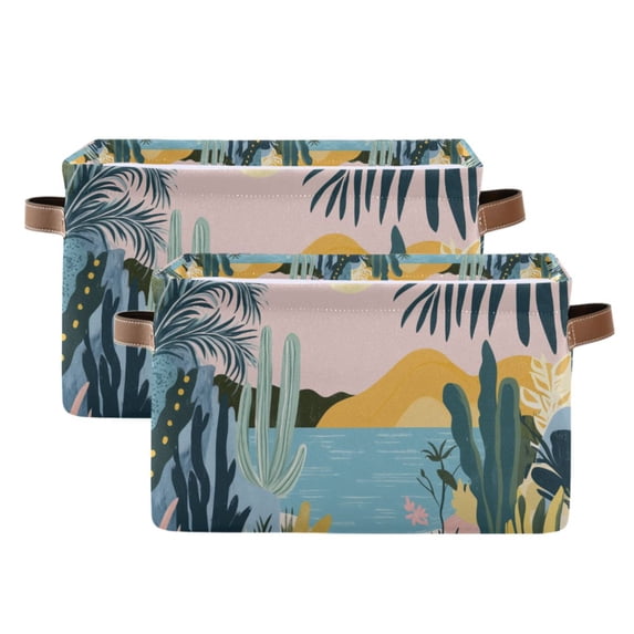 Yayeee 2 Pack Canvas Storage Basket with Handles for Shelves Fabric Bins Closet Organizer, Boho Style Sun