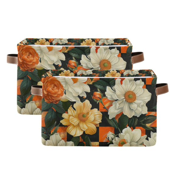 Yayeee 2 Pack Canvas Storage Basket with Handles for Shelves Fabric Bins Closet Organizer, Bright Floral