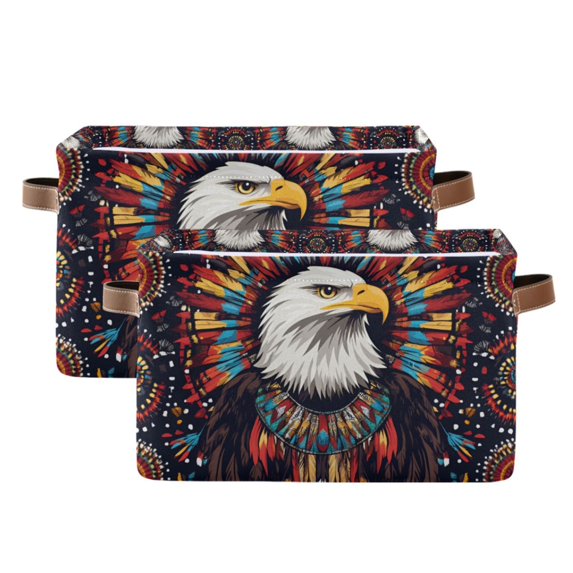Yayeee 2 Pack Canvas Storage Basket with Handles for Shelves Fabric Bins Closet Organizer, Brown Abstract Eagle