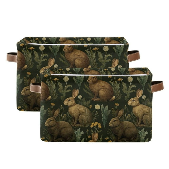 Yayeee 2 Pack Canvas Storage Basket with Handles for Shelves Fabric Bins Closet Organizer, Brown Floral Rabbits Pattern