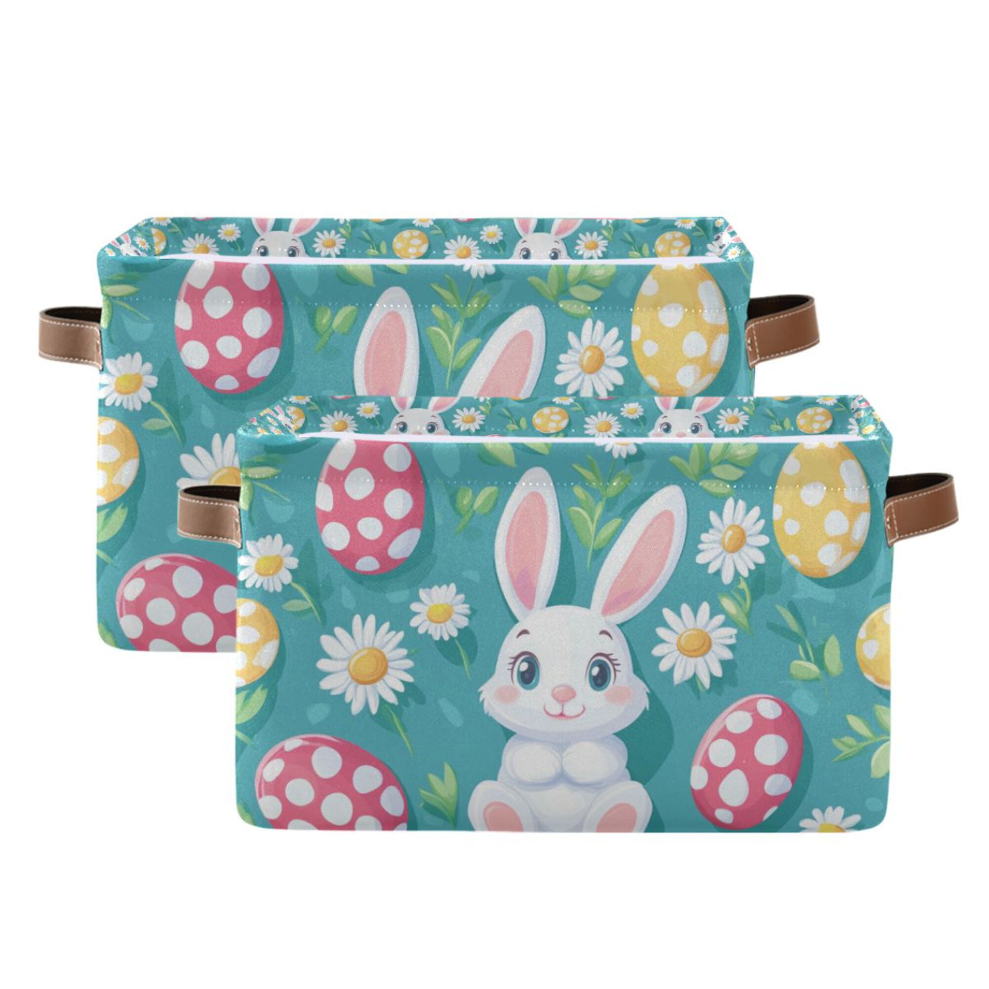 Yayeee 2 Pack Canvas Storage Basket with Handles for Shelves Fabric Bins Closet Organizer, Cartoon Easter Bunny