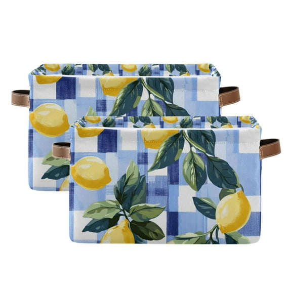 Yayeee 2 Pack Canvas Storage Basket with Handles for Shelves Fabric Bins Closet Organizer, Cartoon Lemon Leaves