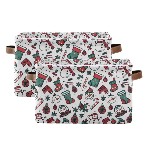 Yayeee 2 Pack Canvas Storage Basket with Handles for Shelves Fabric Bins Closet Organizer, Christmas Snowman Pattern
