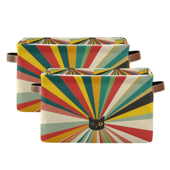 Yayeee 2 Pack Canvas Storage Basket with Handles for Shelves Fabric Bins Closet Organizer, Colorful Cat