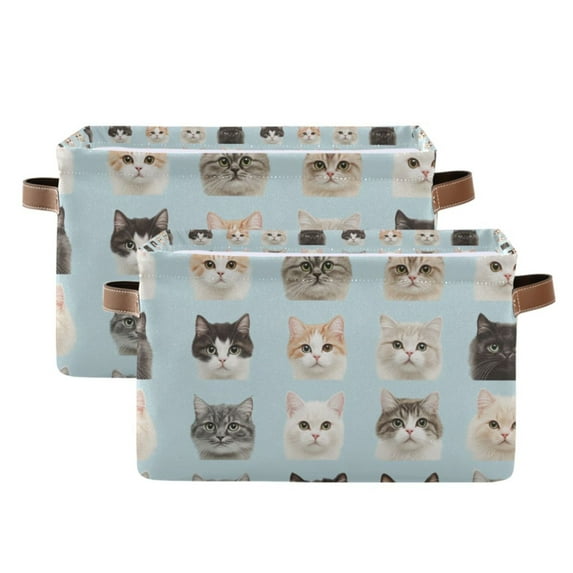 Yayeee 2 Pack Canvas Storage Basket with Handles for Shelves Fabric Bins Closet Organizer, Cute Cat Faces