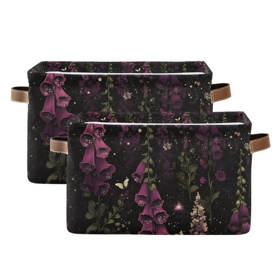 Yayeee 2 Pack Canvas Storage Basket with Handles for Shelves Fabric Bins Closet Organizer, Dark Purple Floral Pattern