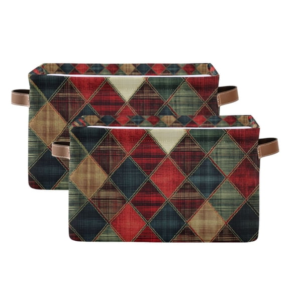 Yayeee 2 Pack Canvas Storage Basket with Handles for Shelves Fabric Bins Closet Organizer, Dark Tartan Pattern