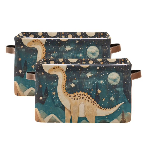 Yayeee 2 Pack Canvas Storage Basket with Handles for Shelves Fabric Bins Closet Organizer, Dinosaur at Night