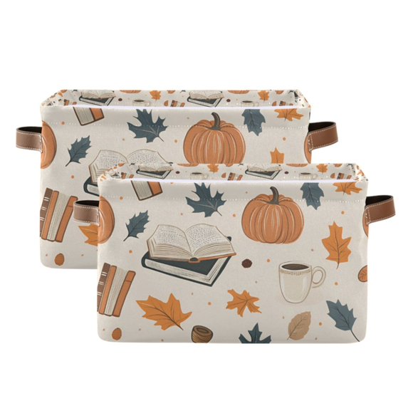 Yayeee 2 Pack Canvas Storage Basket with Handles for Shelves Fabric Bins Closet Organizer, Fall Books