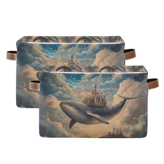 Yayeee 2 Pack Canvas Storage Basket with Handles for Shelves Fabric Bins Closet Organizer, Floating Whale