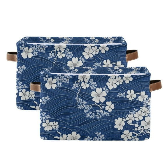 Yayeee 2 Pack Canvas Storage Basket with Handles for Shelves Fabric Bins Closet Organizer, Floral Ocean Waves