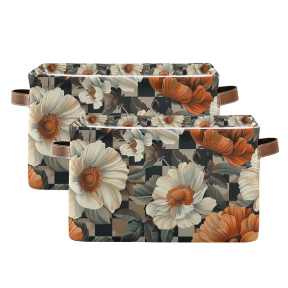 Yayeee 2 Pack Canvas Storage Basket with Handles for Shelves Fabric Bins Closet Organizer, Gray Floral Pattern