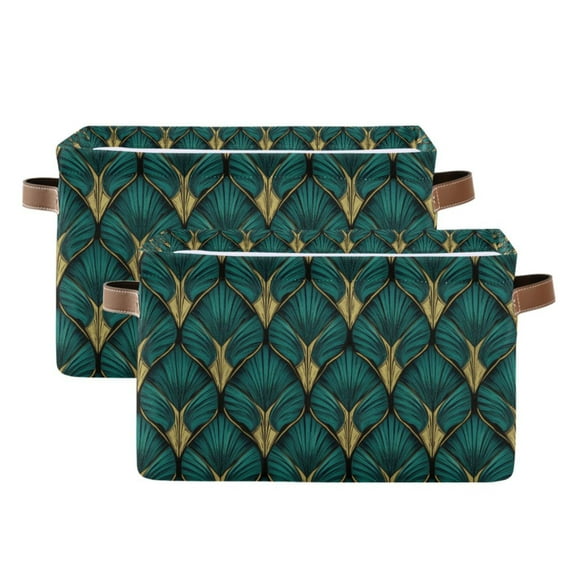 Yayeee 2 Pack Canvas Storage Basket with Handles for Shelves Fabric Bins Closet Organizer, Green Abstract Pattern