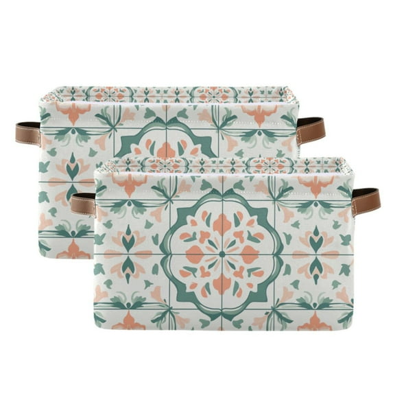 Yayeee 2 Pack Canvas Storage Basket with Handles for Shelves Fabric Bins Closet Organizer, Green Geometric Pattern