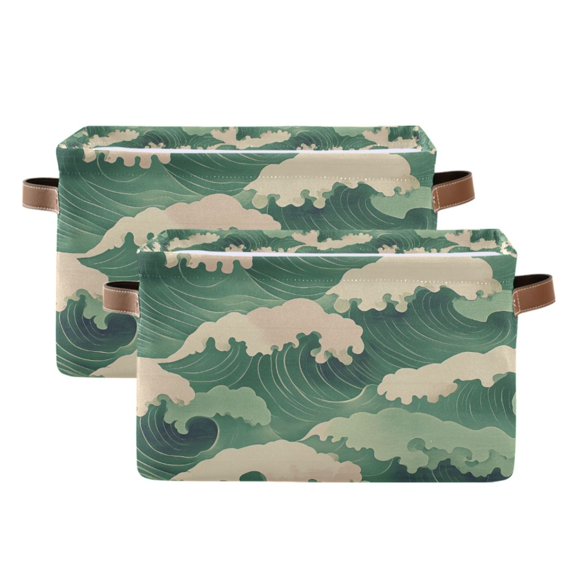 Yayeee 2 Pack Canvas Storage Basket with Handles for Shelves Fabric Bins Closet Organizer, Green Wave Pattern
