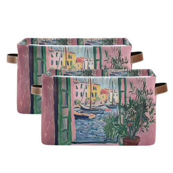 Yayeee 2 Pack Canvas Storage Basket with Handles for Shelves Fabric Bins Closet Organizer, Green Window Sea