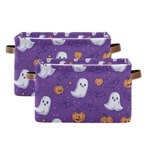 Yayeee 2 Pack Canvas Storage Basket with Handles for Shelves Fabric Bins Closet Organizer, Halloween Purple Ghosts