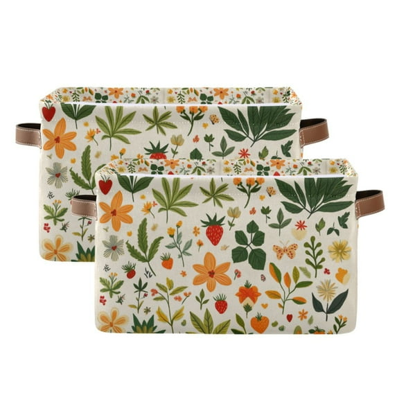 Yayeee 2 Pack Canvas Storage Basket with Handles for Shelves Fabric Bins Closet Organizer, Leaves Pattern