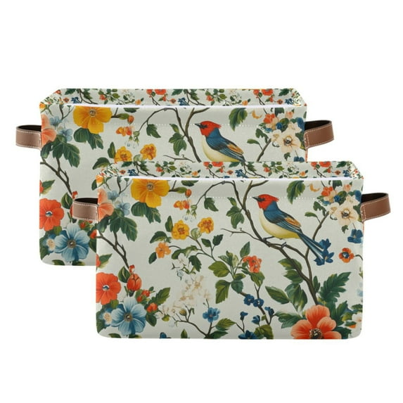 Yayeee 2 Pack Canvas Storage Basket with Handles for Shelves Fabric Bins Closet Organizer, Light Green Floral Pattern